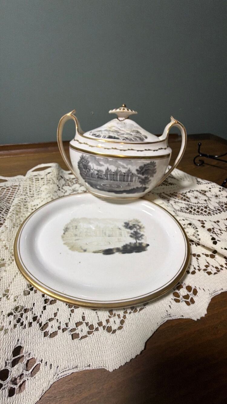 #84 “call outs”early 19th century European transferware sugar bowl